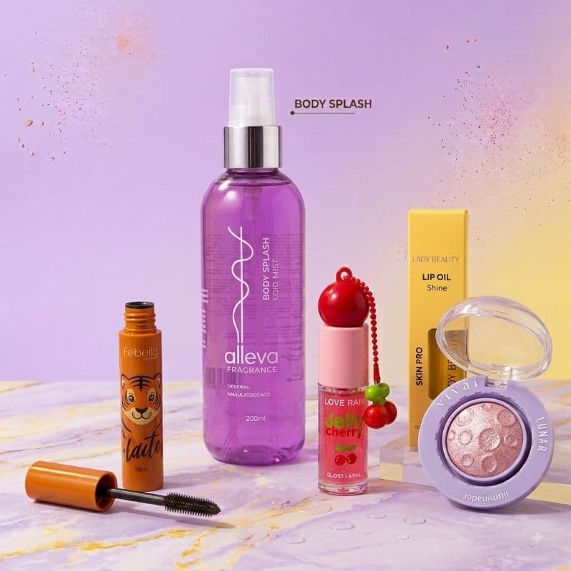 Kit Bloom Beauty: Gloss Jelly + Máscara de Cílios + Iluminador + Lip Oil Shine + Body Splash Love Mist