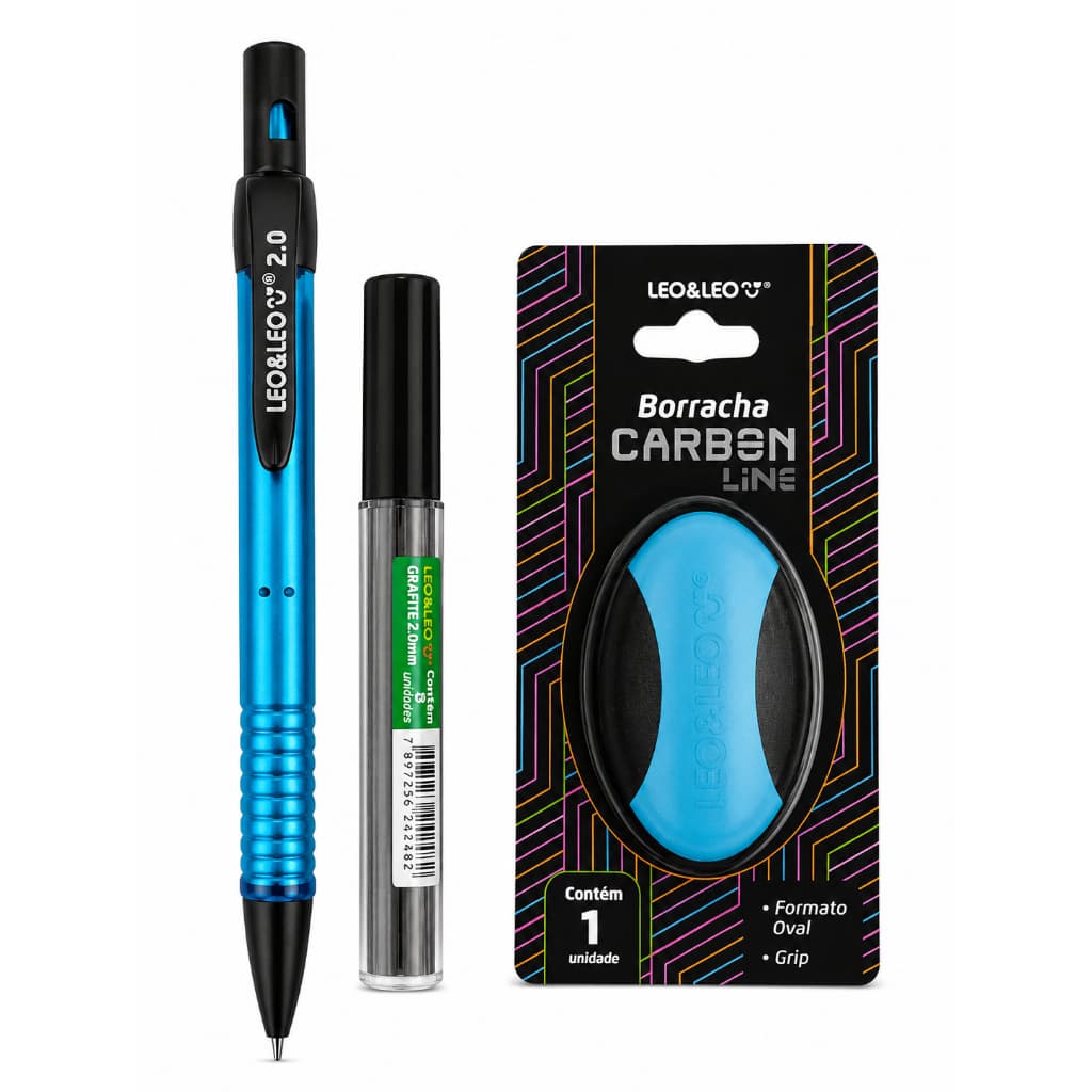 kit Lapiseira 2,0mm Leo & Leo+Grafite +Borracha Carbon formato Oval Grip