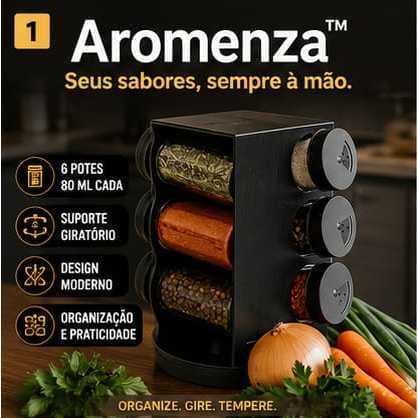 Porta Temperos Giratório 6 Potes 80ml Organizador Condimentos Vidro Suporte Preto Cozinha