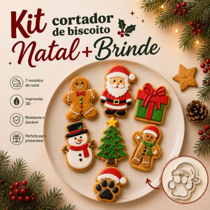 kit natal 5 peças + Brinde cortador de biscoito 3D com carimbo presente lembrancinha Natal