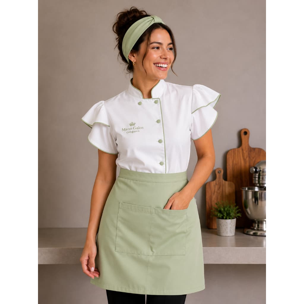 Nº2 Kit Dolmã Princesa + Avental+ Faixa Chef Confeiteira Cozinha Gabardine Oxford Bordado | Uniforme Gastrônomia