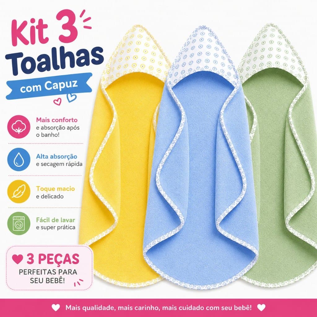 Kit 3 Toalhas de Banho Bebê Soft Infantil Dupla Face Capuz Forrado com Fralda 100% Algodão