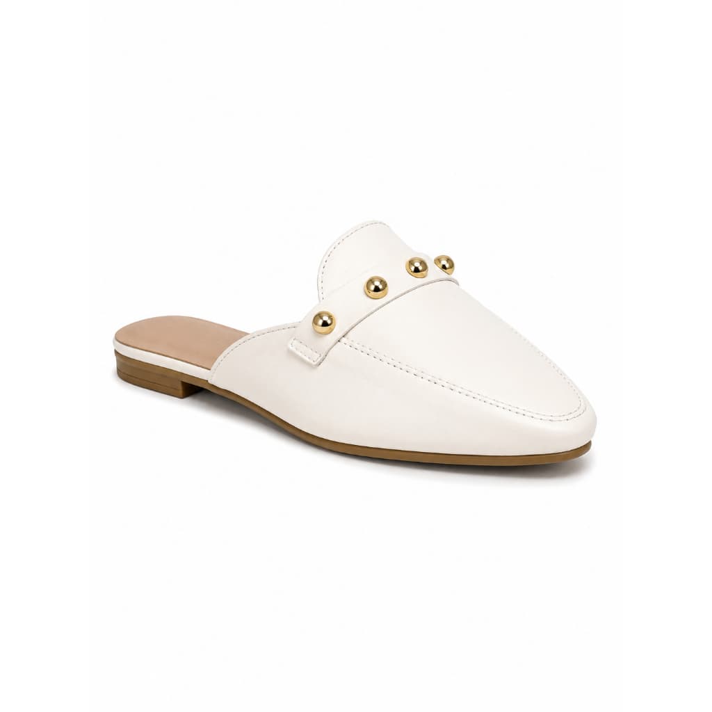 Mule Feminino Sapato feminino Bico Fino Redondo Salto Baixo Detalhe Dourado Casual Elegante Confortável