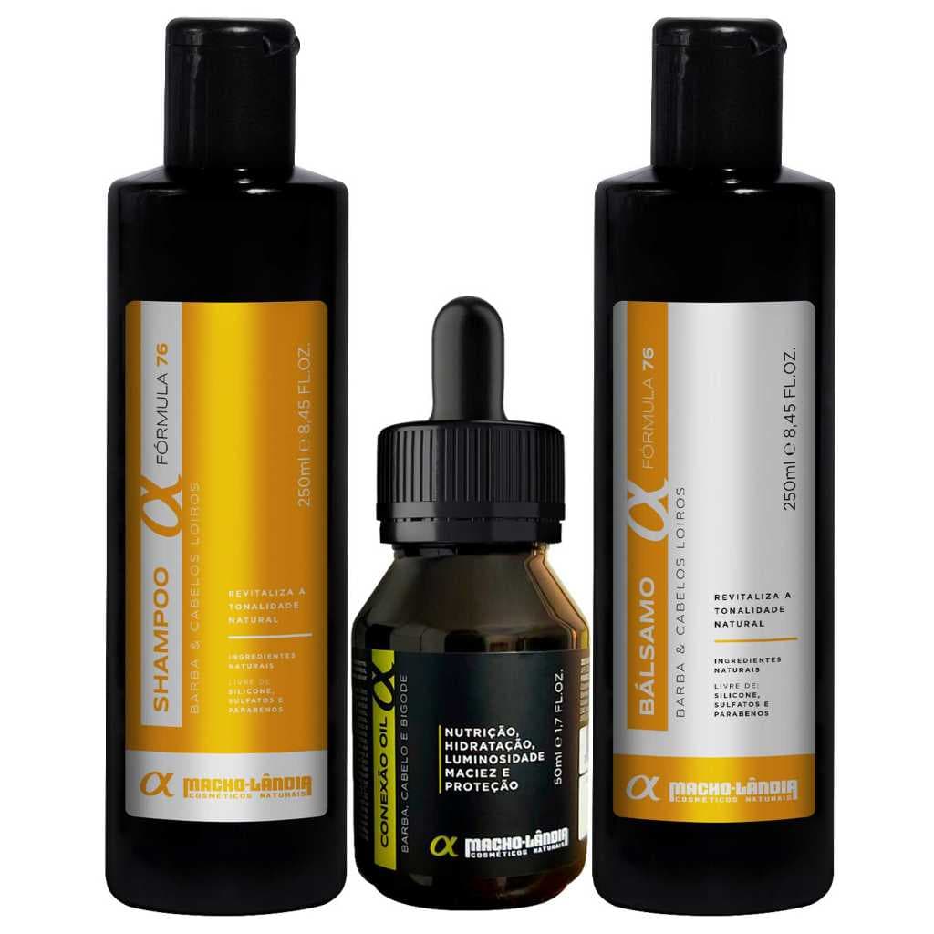 Kit Masculino Macho-Lândia De Barba Loirao Óleo Conexão Oil 50ml + Shampoo e Bálsamo Fórmula 76 Fios Loiros 250ml