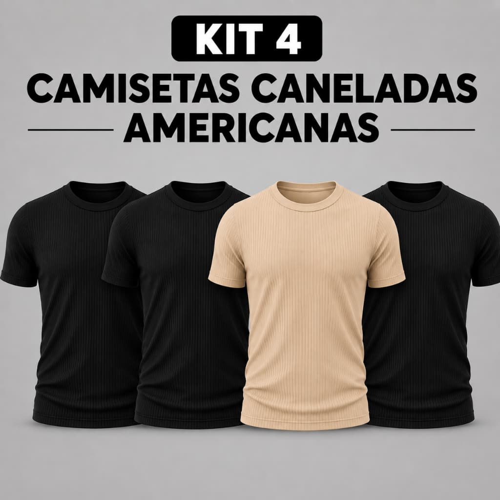 Kit 4 Camisetas Masculinas Caneladas Americanas Slim Fit Ribana Justa ao Corpo