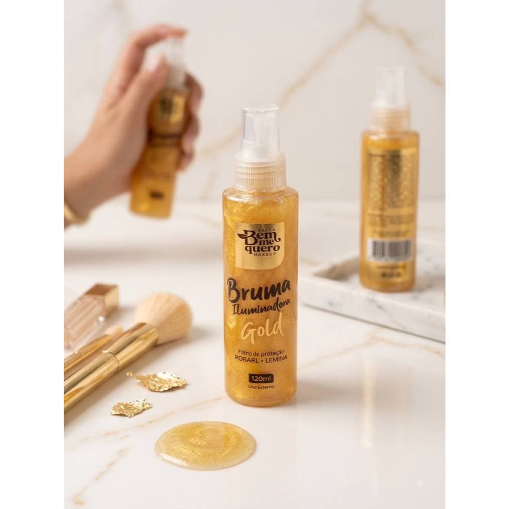 Bruma Iluminadora Gold 120ml Bella Bem Me Quer - Fixador de Maquiagem, Hidrata, Glow e Brilho Radiante