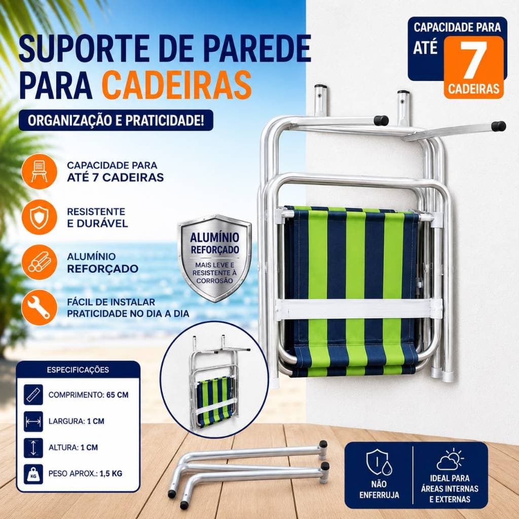 Suporte Cadeira de Praia Parede Alumínio Reforçado Suporta até 7 cadeiras