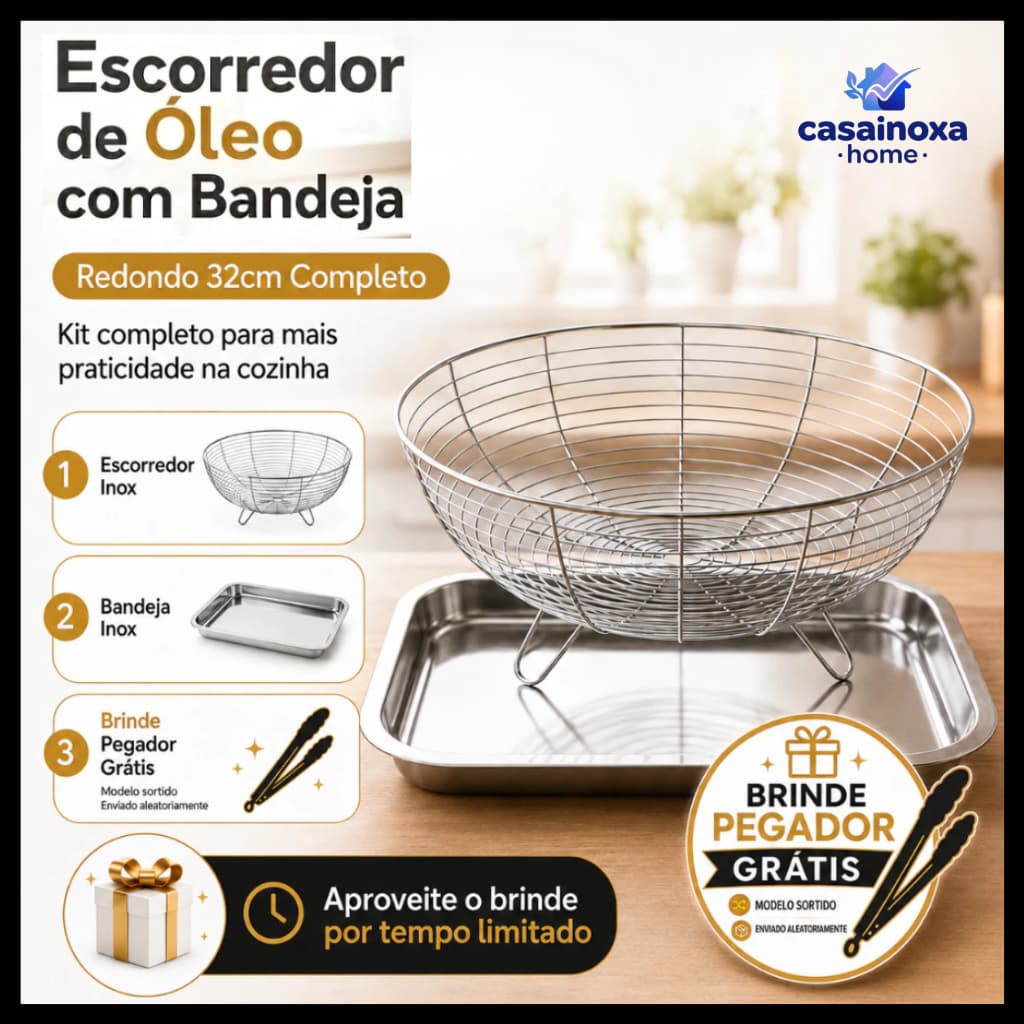 Escorredor de Óleo para Fritura em Aço Inox com Bandeja e Pegador