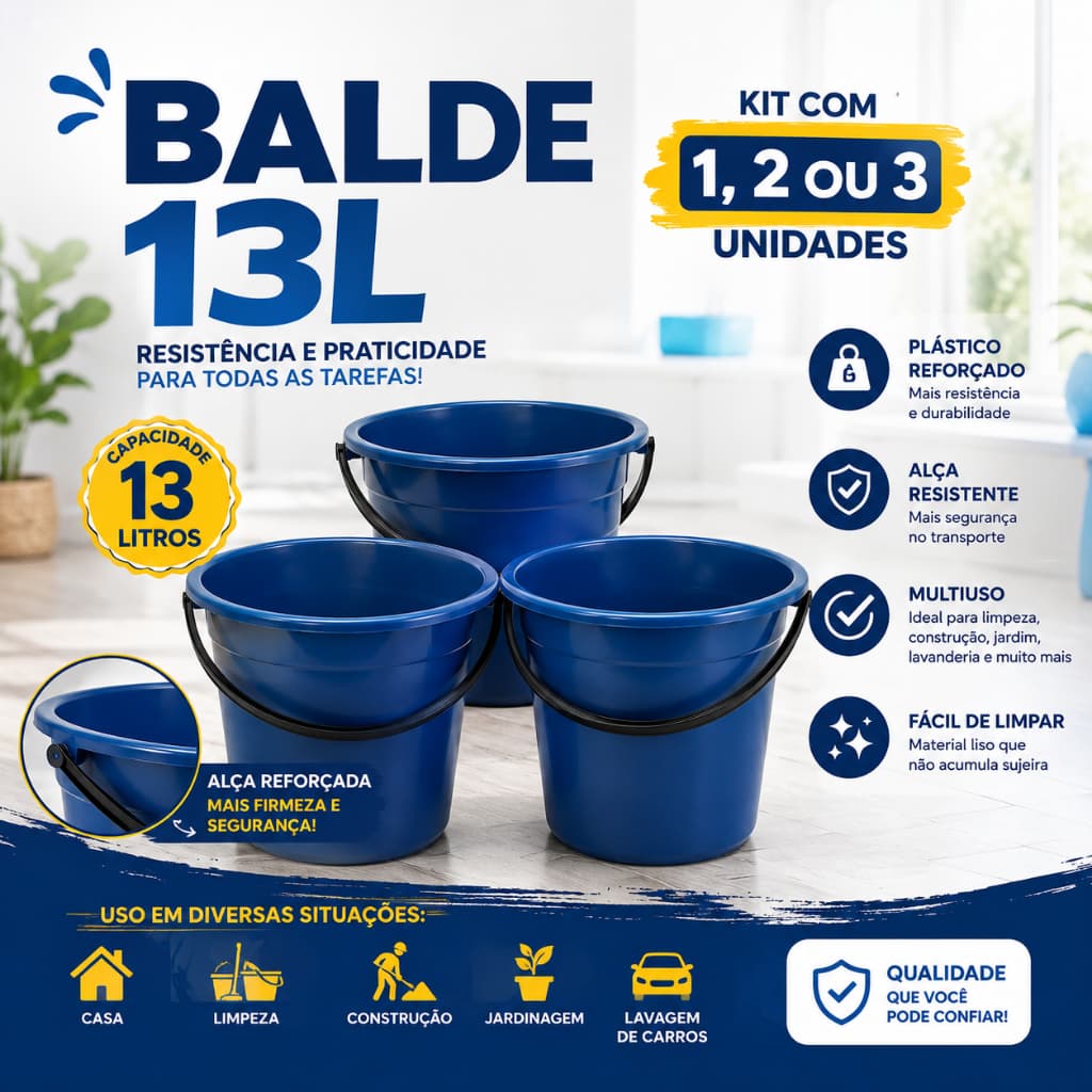Kit Balde 13 Litros Plástico Reforçado Resistente 1 2 ou 3 Unidades Multiuso Limpeza Construção