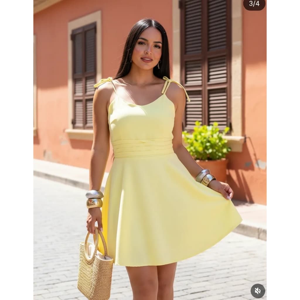 Vestido Macaquinho Laço Alças Finas Feminino - Belinda Novo Vestido Macaquinho Laço Alças Finas Feminino