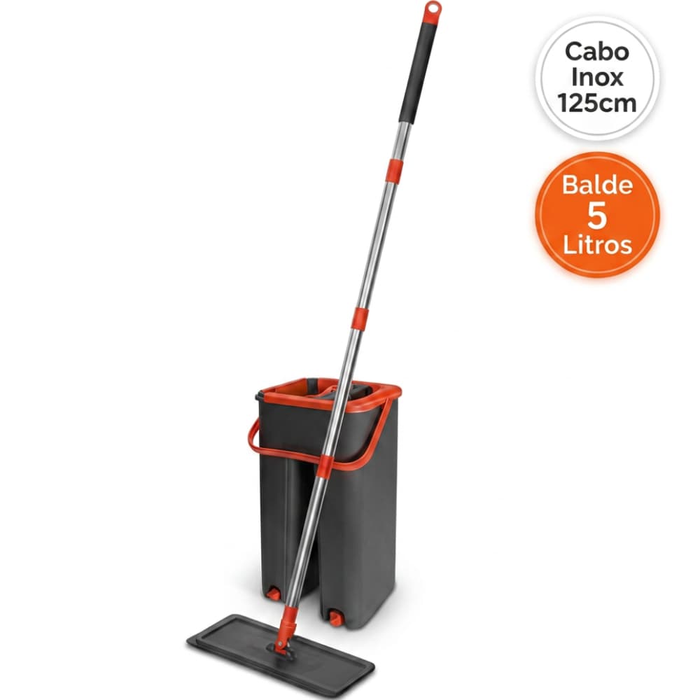 Mop Flat Rodo Lava e Seca Com Balde 5 Litros + Refil Microfibra Lavavel Cabo Inox 125cm P/ Limpeza Piso Porcelanato