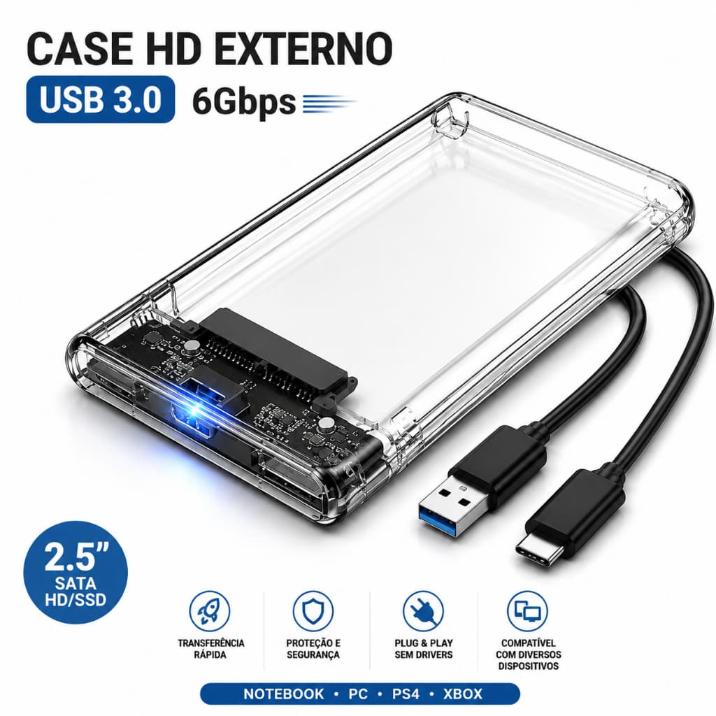 Case HD Externo 2.5 USB 3.0 HD SSD SATA Transparente 6Gbps Notebook PC PS4 Xbox