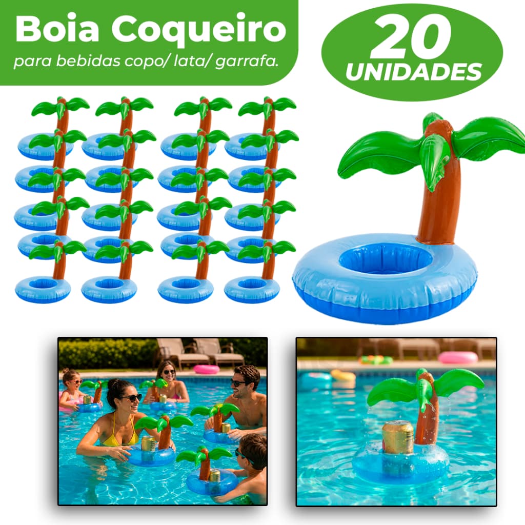 Boia Porta Copos Inflável Coqueiro para Piscina – Suporte para Bebidas e Latas