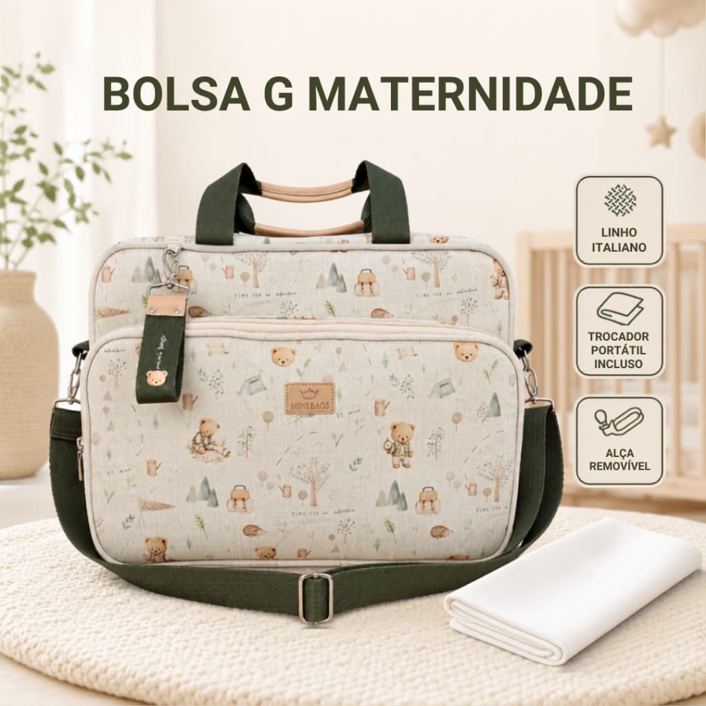 Bolsa Maternidade G Mini Bags Adventure Linho Italiano Impermeável com Trocador e Alça Removível