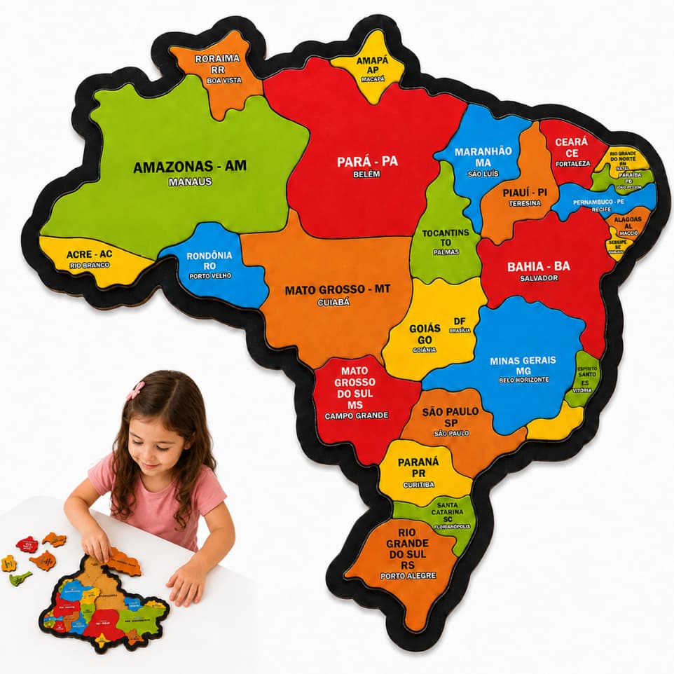 Quebra-Cabeça Mapa do Brasil Infantil Educativo MDF – Estados, Capitais e Regiões