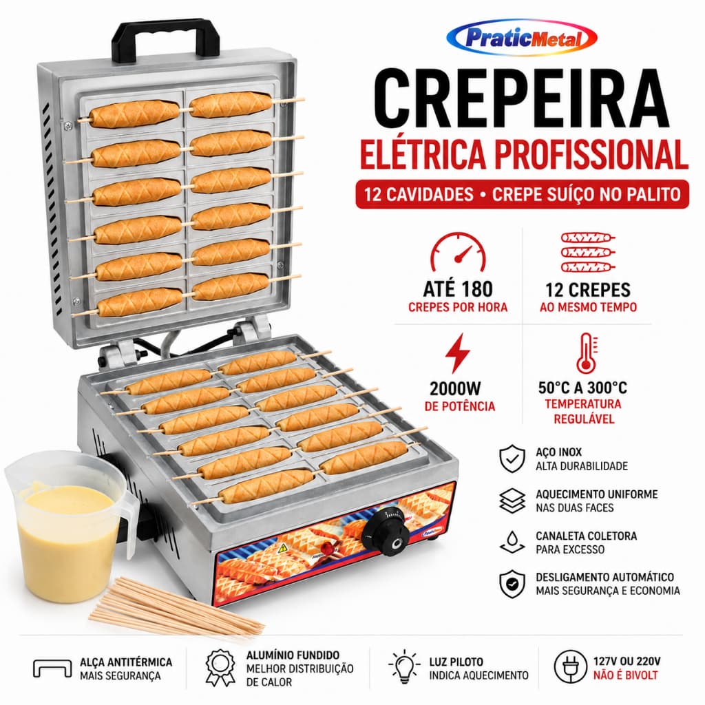 Máquina de Crepe Suíço Crepeira Elétrica Profissional 12 Cavidades no Palito 127V 220V Pratic