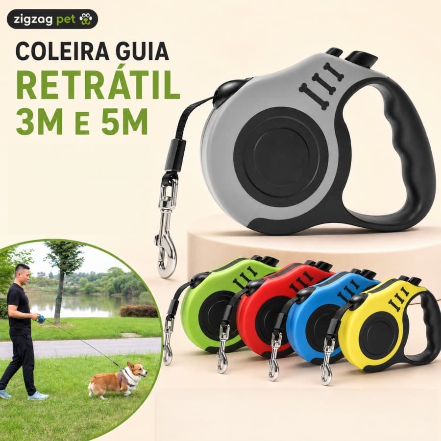 Guia Retrátil para Cachorro e Gato 3m ou 5m com Trava Resistente para Passeio Até 11,33kg