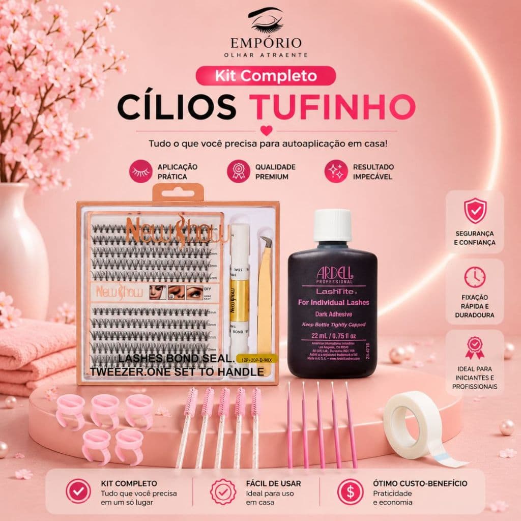 Kit Cilios Tufinho New Show Cola Escovinha Microbrush Pinça Fita Micropore