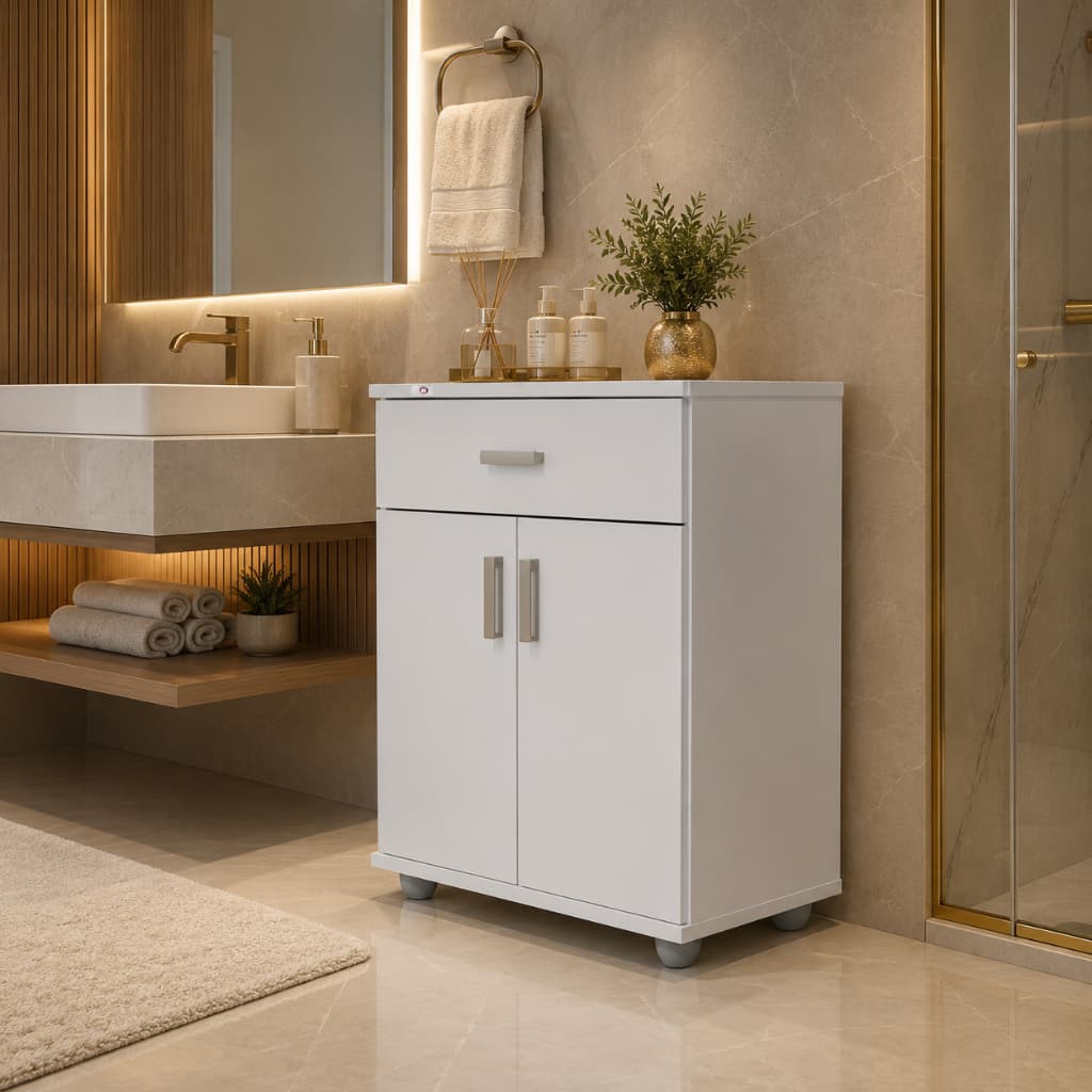ENVIO FULL- Balcão Armário Organizador Multiuso Com Portas e Gaveta Espaçosa Mell Branco