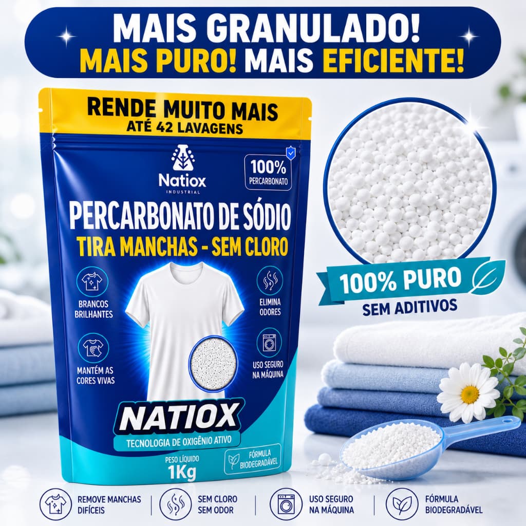 Percarbonato de Sódio 100% Puro Granulado Oxigênio Ativo Tira Manchas Roupas Brancas e Coloridas 1KG