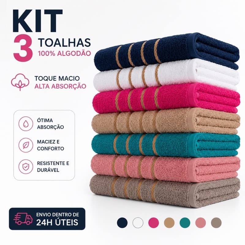 Kit 3 Toalhas de Banho Ouro Banhão Grande Premium 70x130 100% Algodão Macia Ultra Luxo