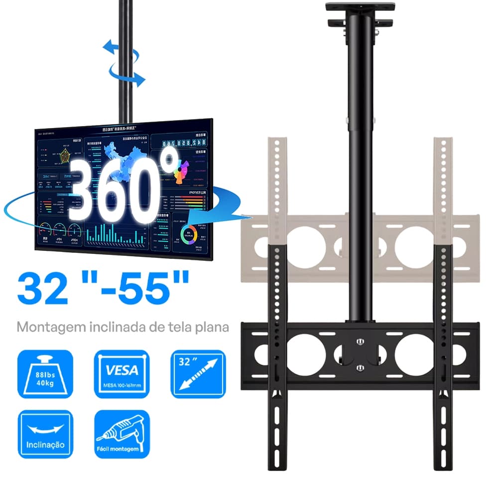 Suporte Teto TV 32-55" Giratório 360° Inclina 30° 40kg Aço. Ideal Restaurante e Loja