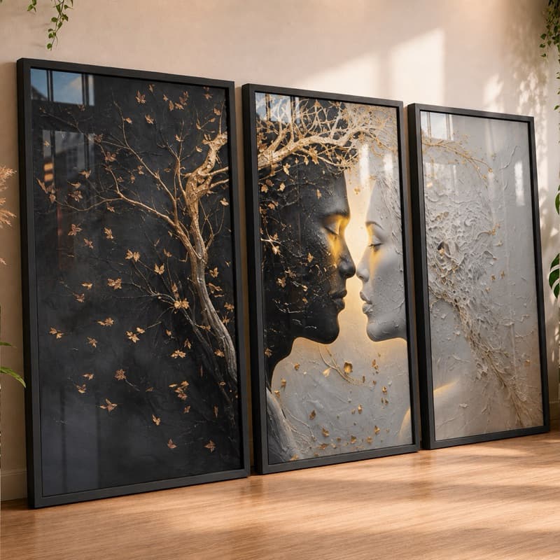 Quadros Decorativos Trio Casal Romântico Preto e Branco Dourado Moderno