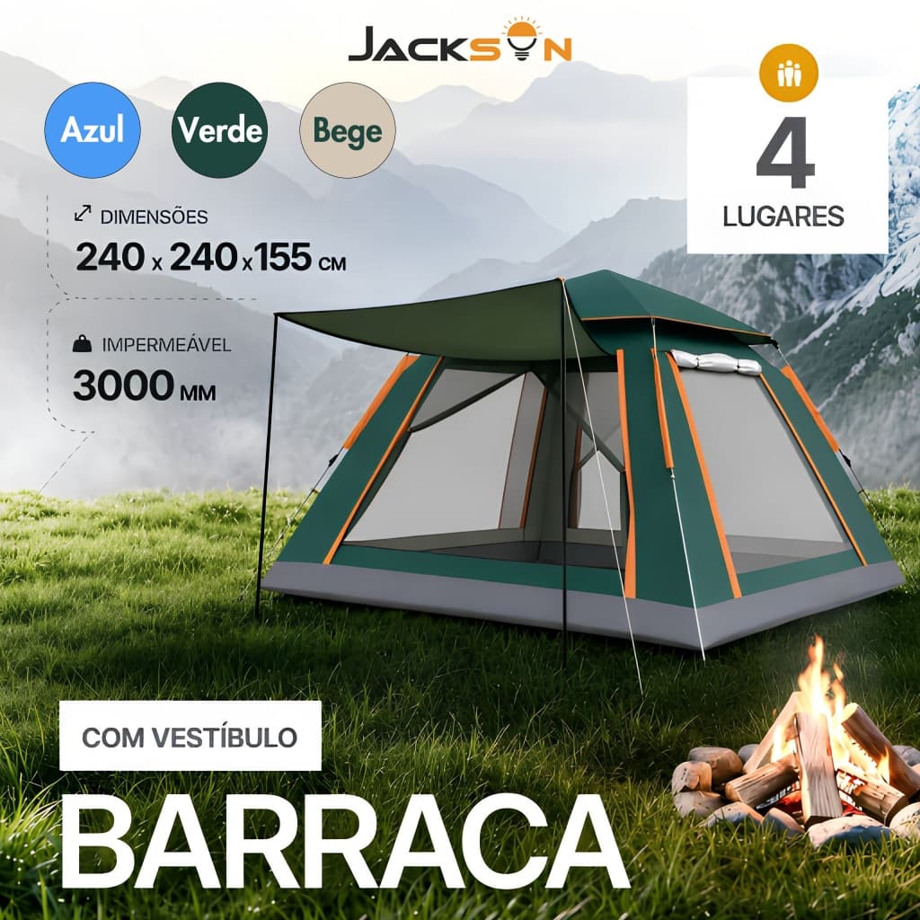 JACKSUN Barraca Automática para Camping Impermeável 3000mm Proteção Solar UPF 50+ 240x240x155cm