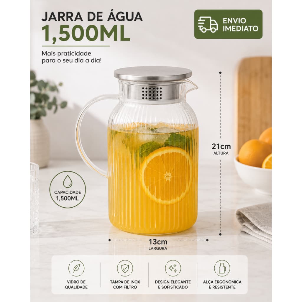 Jarra de Vidro Borosilicato Canelado com Tampa em Aço Inox 1,5L Grande