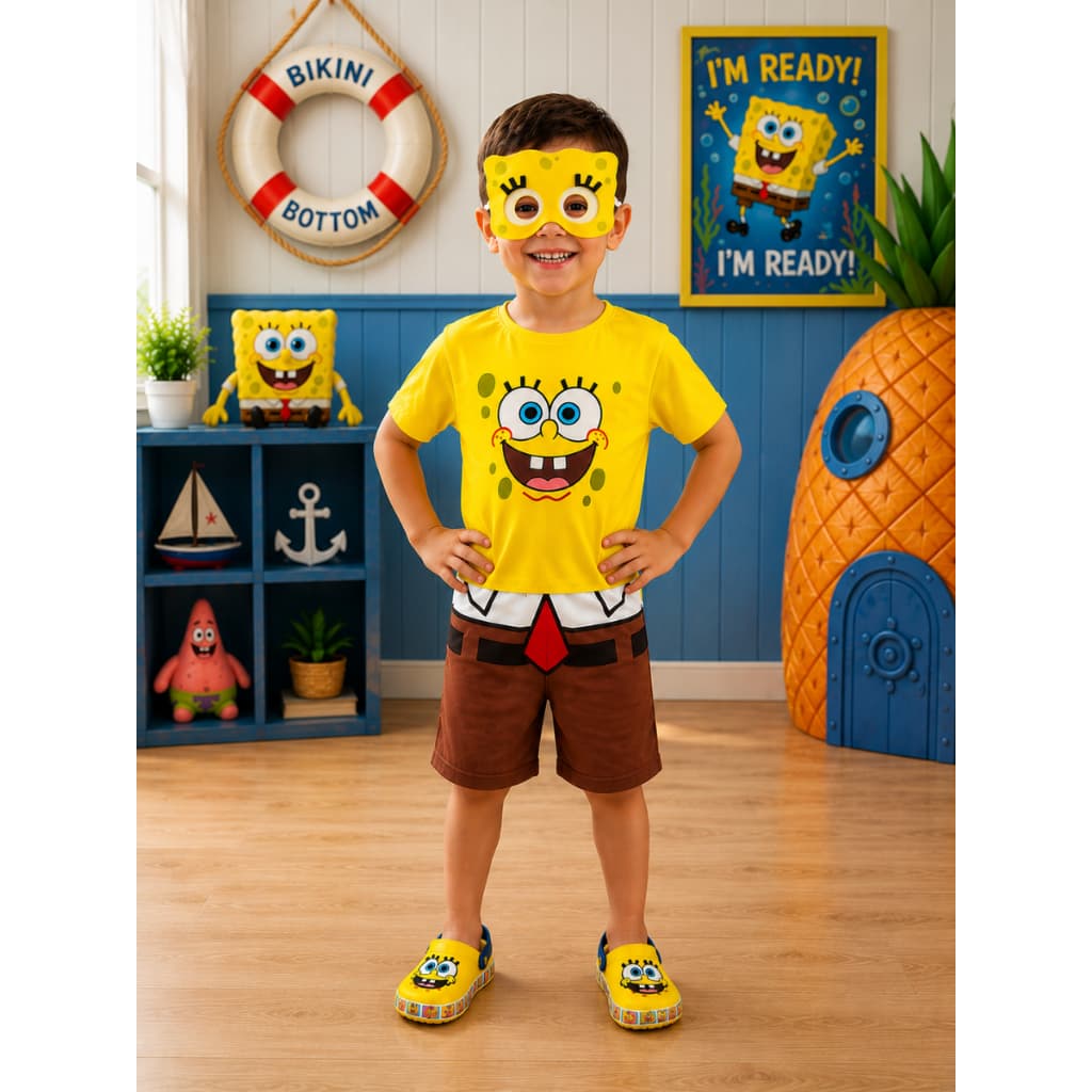 Kit Fantasia Infantil Bob Esponja + Sapato Roupa Conjunto Sandália Leve e Confortável Passeio Aniversario Diversão