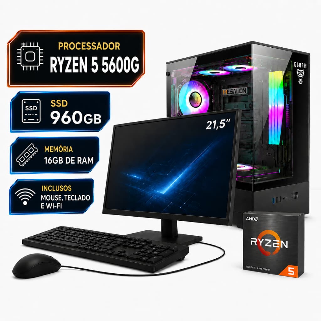 Computador Gamer Amd Ryzen 5 5600G - 16GB - 960GB - Monitor 21,5"