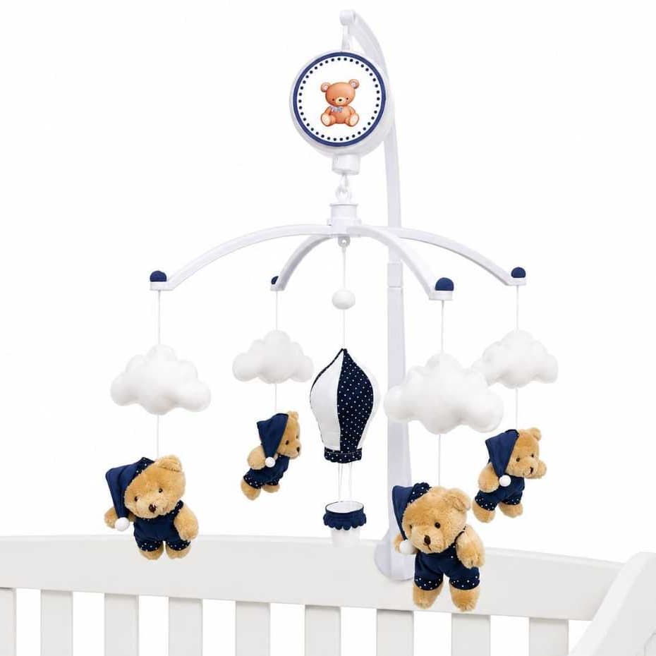 Móbile para Berço Musical Bebê Ursinho Balão Nuvem Azul Marinho Decoração Quarto Infantil