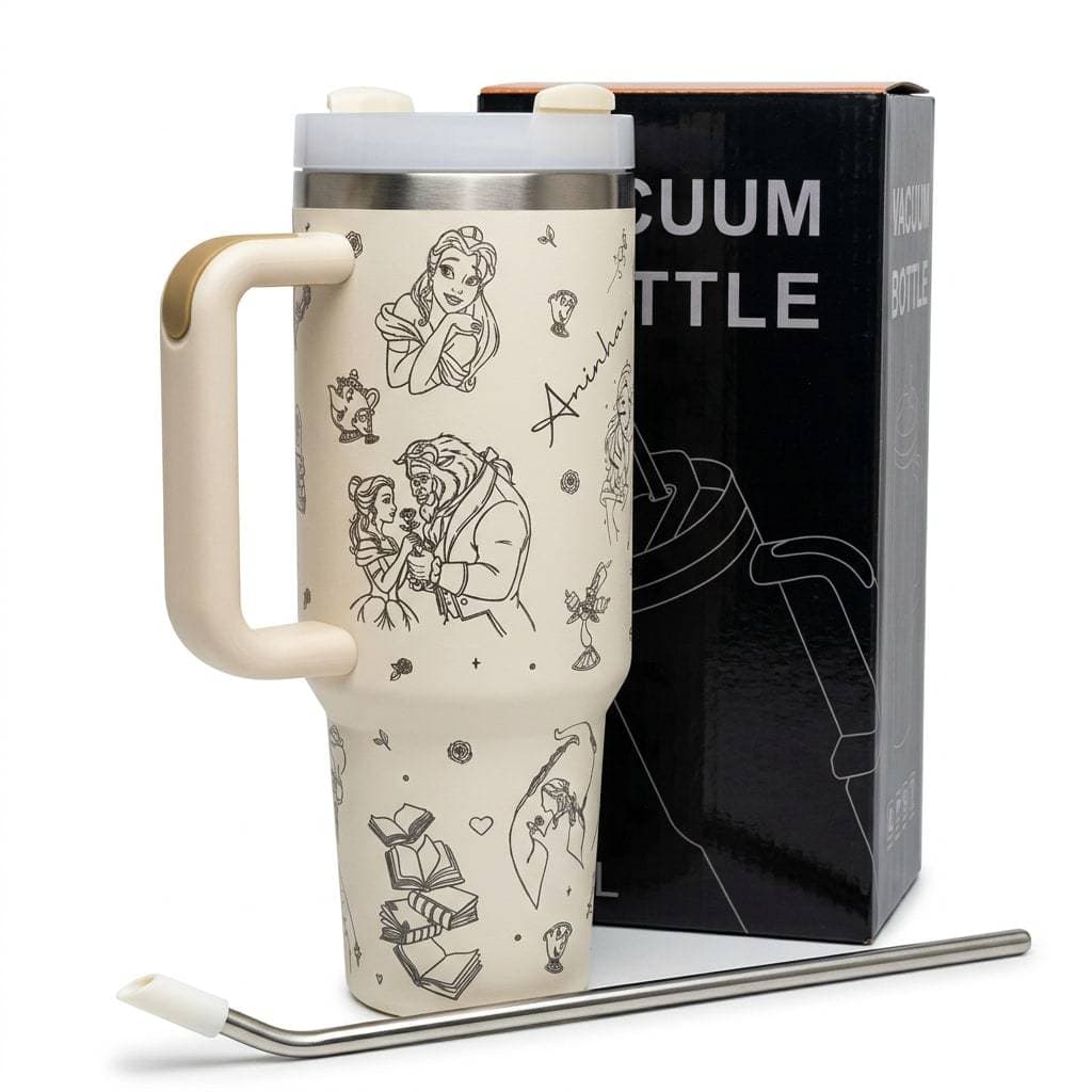 Copo Térmico 1200ml Bela e a Fera Personalizado Branco com Alça e Canudo Princesas Copo Térmico Infantil