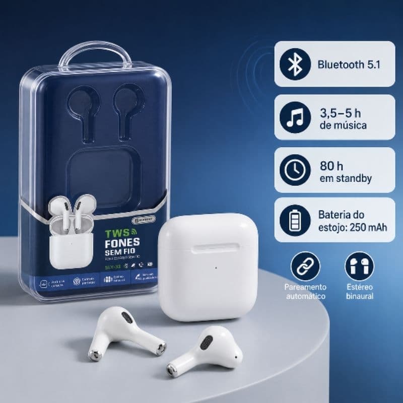 Fone de Ouvido Bluetooth TWS SLY-33 Sem Fio com Estojo de Carregamento