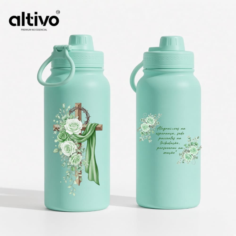 Garrafa Térmica Cruz Sagrada e Flor Cor Verde Religiosa 600ML com Tampa Rosqueável e Alça em Aço Inoxidável