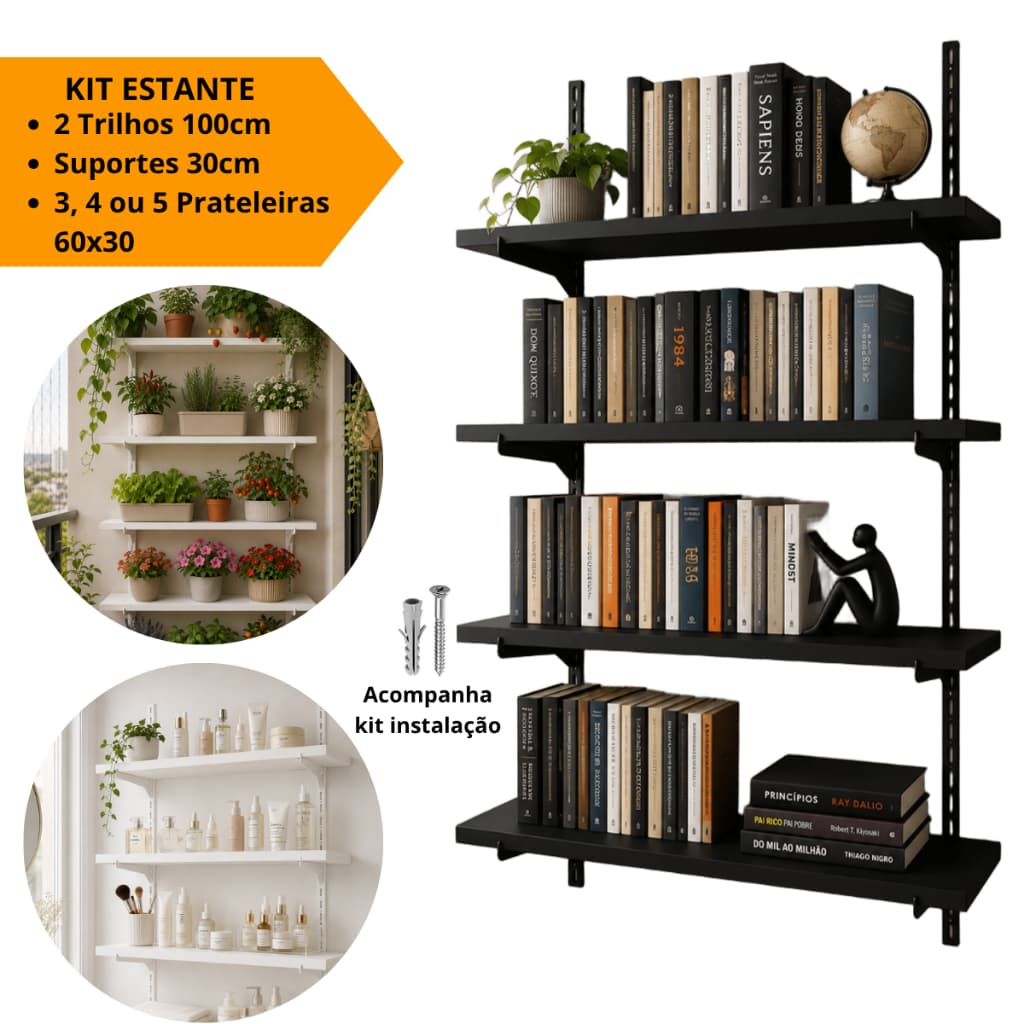 Kit Prateleiras Estante 60x30 com Trilhos Cremalheira e Suportes 3 4 ou 5 Prateleiras