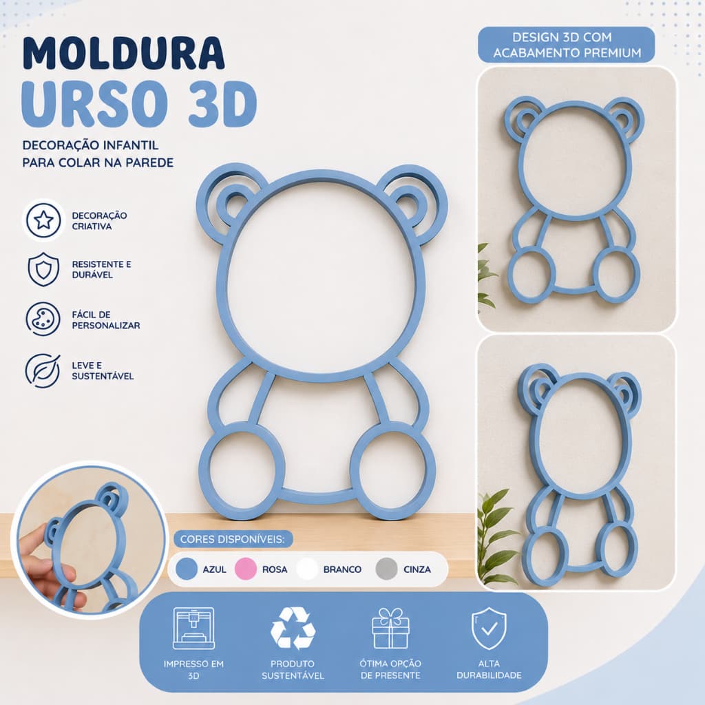 Moldura Urso 3D para Parede Decoração Quarto de Bebê Infantil Ursinho Impresso em 3D