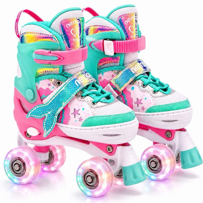 Patins Infantil Sereia Verde 4 Rodas/Tamanhos Ajustáveis Seguros com Freios Frontais e Led nas Rodinhas