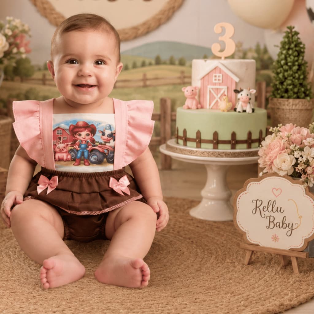 Romper Boiadeira Fazendinha Bebê Menina com Sainha Temático Mesversário Festa Country 0 a 3 meses
