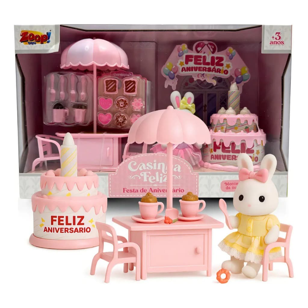 Casinha Feliz Coleção Festa de Aniversário Coelhinha com Móveis e Acessórios Cenário Completo Zoop Toys Infantil