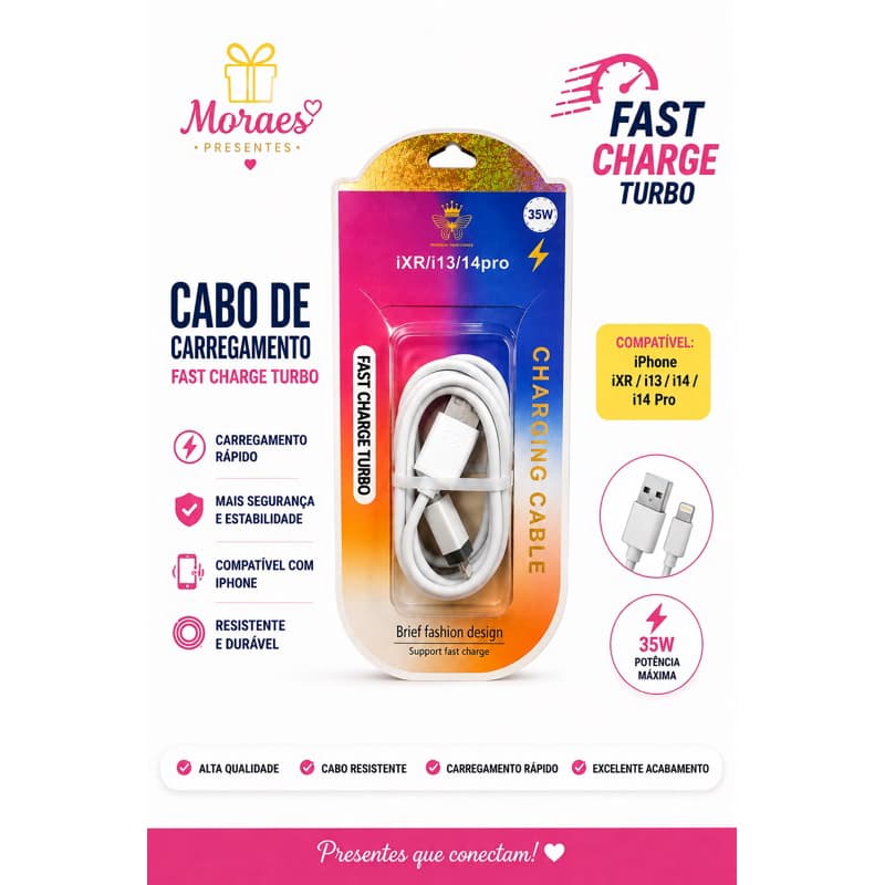 Cabo Fast Charge Turbo para iPhone, resistente e ideal para carregamento rápido no dia a dia.