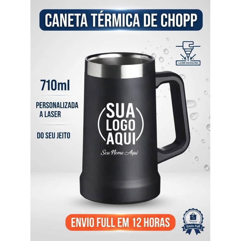 Caneca Térmica de Chopp 710ml Personalizada a Laser | Aço Inox de Alta Qualidade | Envio Rápido Full