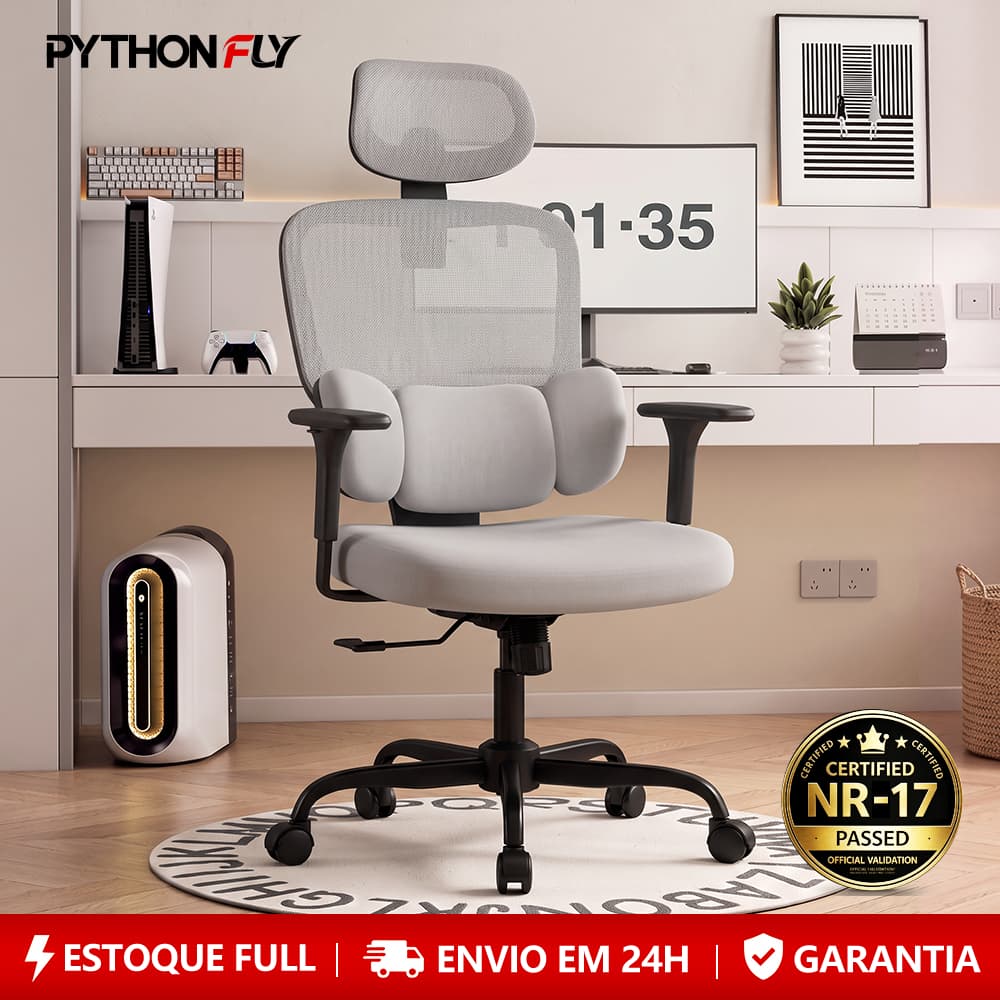 Cadeira de Escritório Ergonômica Gamer Mesh NR-17 Apoio Lombar 3D Reclinável Confortável Cinza