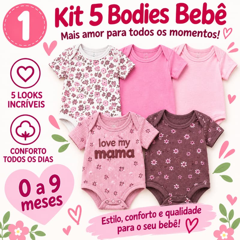 Kit 5 Body Bebê Menina Manga Curta Algodão Body Infantil Recém-Nascida 0 a 9 Meses TM-84