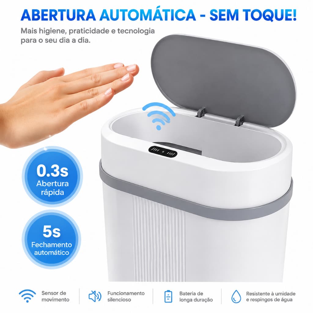 Lixeira Automática 12 Litros Com Sensor Infravermelho Tampa Para Cozinha Banheiro Escritório Quarto