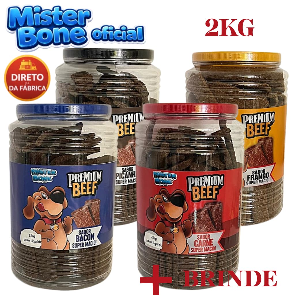 Petisco para cachorro 2Kg (Sabores: Picanha, Bacon, Carne e Frango)-  BRINDE: 01 Premium Beef de 50g