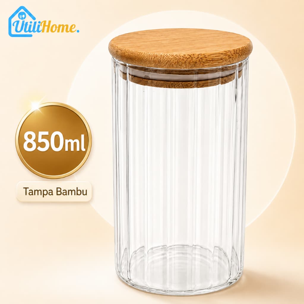 Pote de Vidro Hermético 850ml Canelado Tampa Bambu Porta Mantimentos