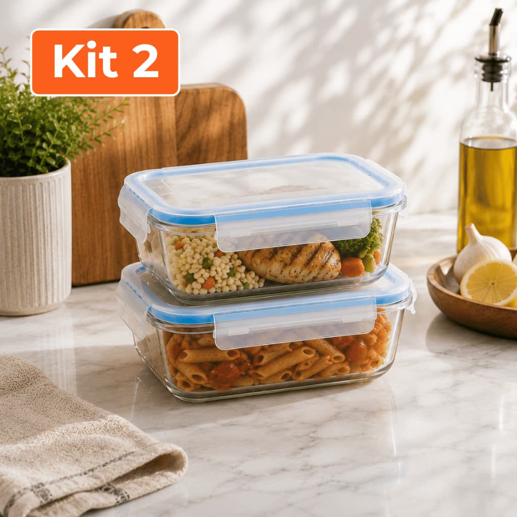 Kit 2 Potes de Vidro 640ml Herméticos com Tampa Trava Anti Vazamento Marmita e Refeições