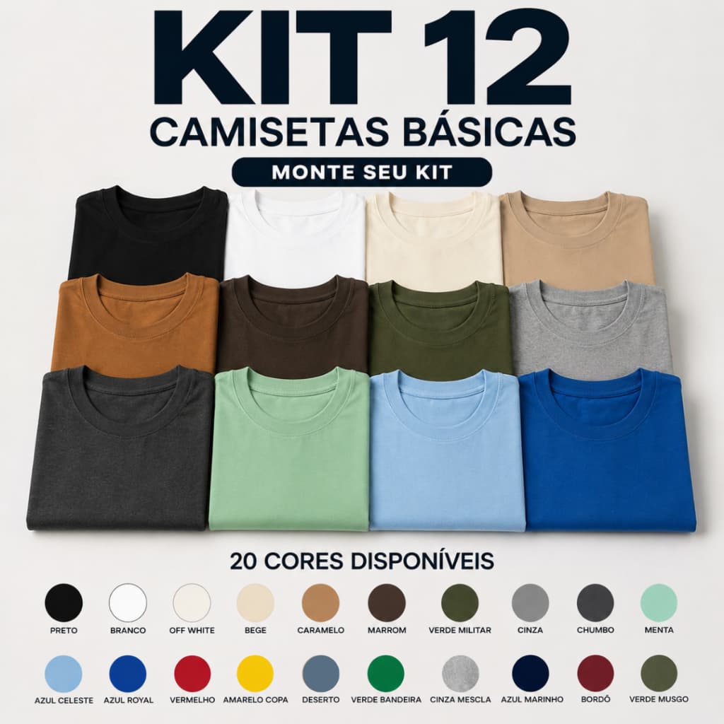 Kit 12 Camiseta Masculina Básica Lisa 100% Algodão Premium Slim Camisa Atacado Direto Da Fábrica