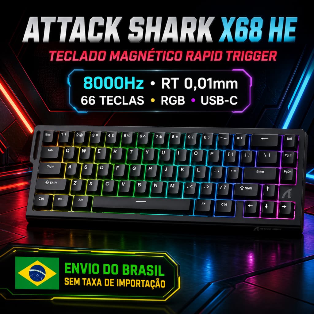Teclado Gamer Magnético ATTACK SHARK X68HE Hall Effect Rapid Trigger USB-C RGB 65% 8K E-Sports De Eixo 0.01mm RT Precisã